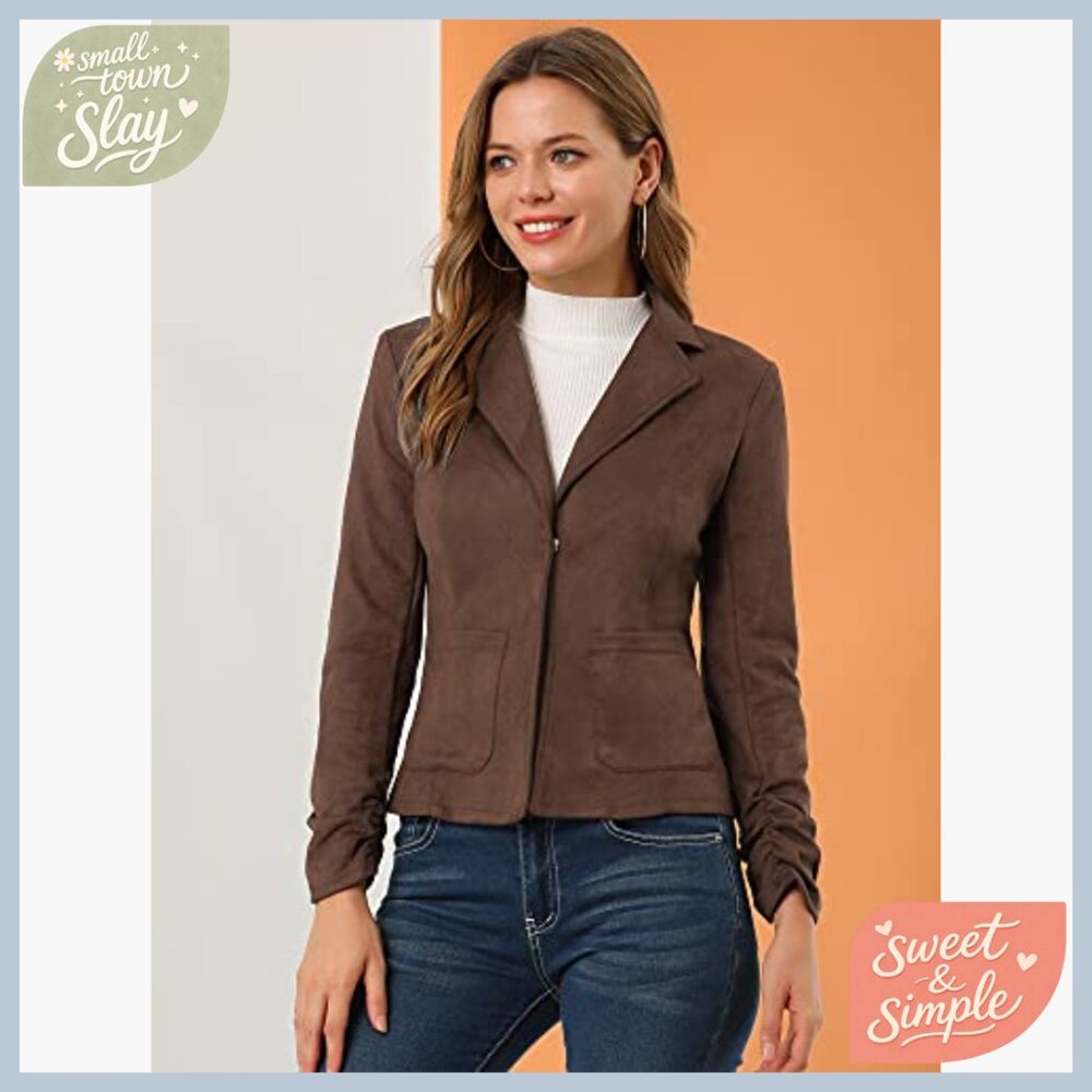 Faux Suede Blazer with Ruched Sleeves, Lapel Collar, Office Work Jacket - Picture 3 of 6